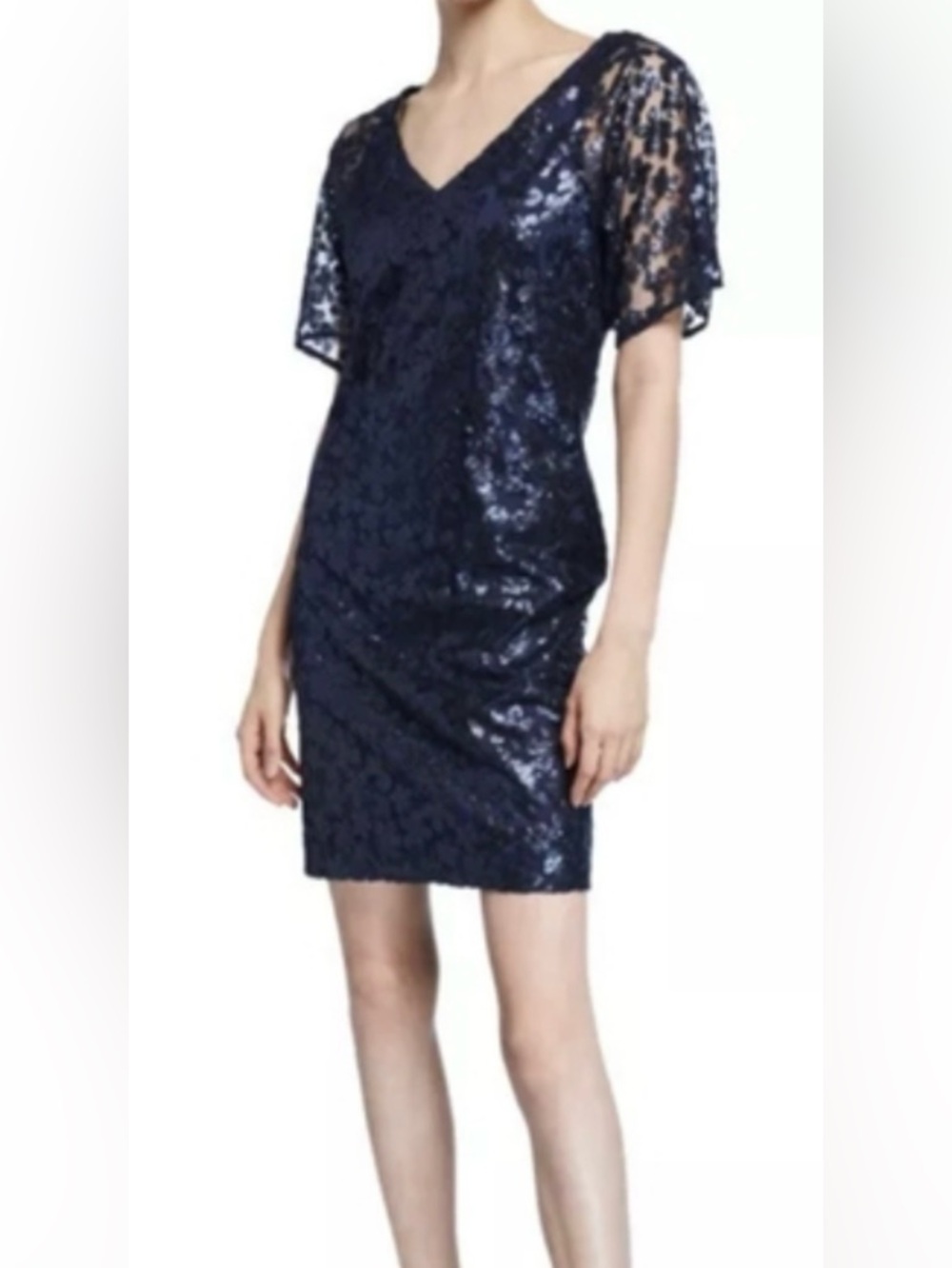 Trina Turk Navy Sequin Lace V-Neck Mini Dress